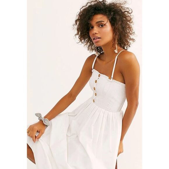 Free People Lilah Strapless‎ Pleated Smocked Button Midi Dress White Size XS - Picture 1 of 16